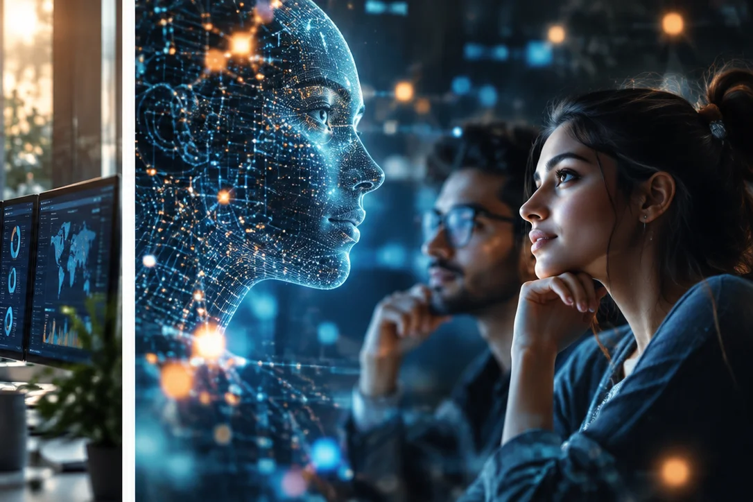 People collaborating with generative AI technology